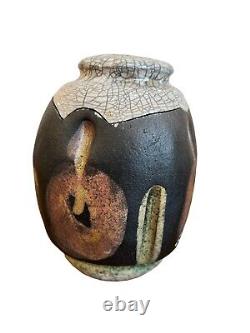 Vintage Mas Funo Studio Pottery Raku Lidded Vessel American Canadian Potter