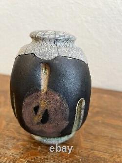 Vintage Mas Funo Studio Pottery Raku Lidded Vessel American Canadian Potter