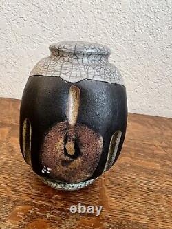 Vintage Mas Funo Studio Pottery Raku Lidded Vessel American Canadian Potter