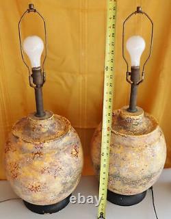 Vintage Matching Pair BIG Italian Art Studio Pottery Scavo Glaze Table Lamps MCM