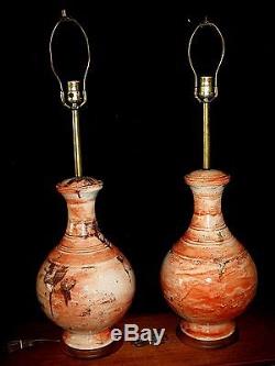 Vintage Matching Pair Italian Art Studio Pottery Drip Glaze Table Lamps MCM