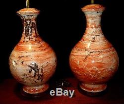 Vintage Matching Pair Italian Art Studio Pottery Drip Glaze Table Lamps MCM