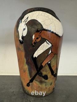 Vintage Melinda Ishida Forster Raku Horse Equestrian Vase Studio Art Pottery