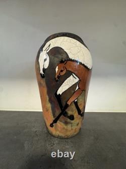 Vintage Melinda Ishida Forster Raku Horse Equestrian Vase Studio Art Pottery