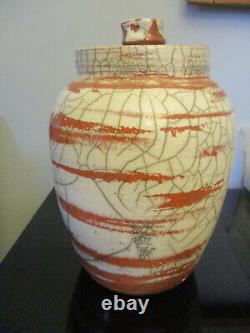 Vintage MidCentury Modern Studio Art Pottery Raku 12 Lidded Jar Pot Vase Signed