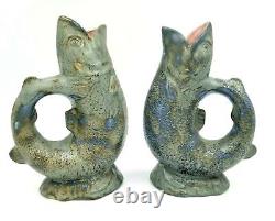 Vintage Mid Century Fish Art Pottery Vase Pitcher Pair Signed M Frey'49 OOAK