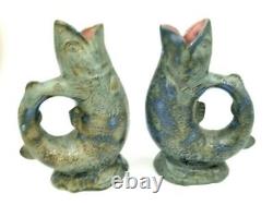 Vintage Mid Century Fish Art Pottery Vase Pitcher Pair Signed M Frey'49 OOAK