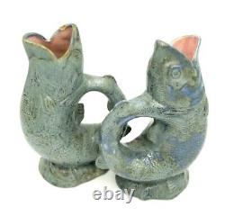 Vintage Mid Century Fish Art Pottery Vase Pitcher Pair Signed M Frey'49 OOAK