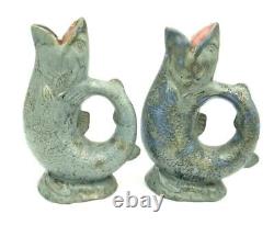 Vintage Mid Century Fish Art Pottery Vase Pitcher Pair Signed M Frey'49 OOAK