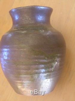 Vintage Mid Century Iridescent Glazed Teadust Green Studio Pottery Vase Signed