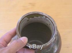 Vintage Mid Century Iridescent Glazed Teadust Green Studio Pottery Vase Signed