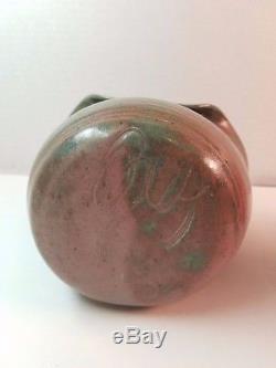 Vintage Mid Century Modern Studio Art Pottery Wall Pocket Vase Font Pink Green
