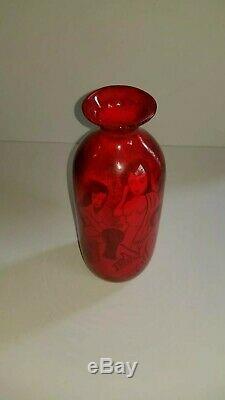Vintage Mid Century Pillin Style Studio Art Pottery Vase Nude Women Painting MCM