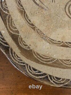 Vintage Mid Century Studio Art Pottery Plate Bowl Hand Painted Neutral Minimal