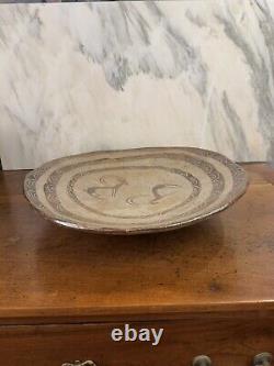 Vintage Mid Century Studio Art Pottery Plate Bowl Hand Painted Neutral Minimal