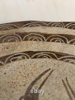 Vintage Mid Century Studio Art Pottery Plate Bowl Hand Painted Neutral Minimal