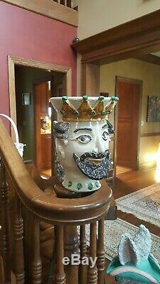 Vintage Mid Century Studio Italian Art Pottery Head Vase Pot King Italy Face Cro