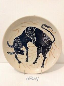 Vintage Mid Century Studio Pottery Hand Painted Plate Bull Signed Andrea