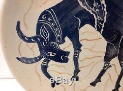 Vintage Mid Century Studio Pottery Hand Painted Plate Bull Signed Andrea