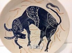 Vintage Mid Century Studio Pottery Hand Painted Plate Bull Signed Andrea