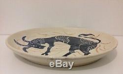 Vintage Mid Century Studio Pottery Hand Painted Plate Bull Signed Andrea