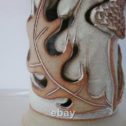 Vintage Mid Century Studio Pottery Thistle table lamp & original hessian shade