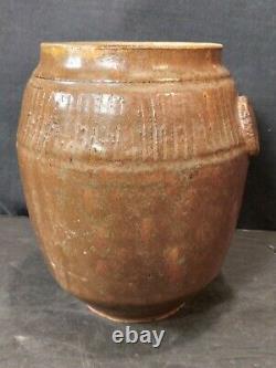 Vintage Mid Century Studio Pottery Vase Celedon Drip on Brown Glaze Signed HAGEN