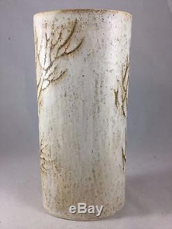 Vintage Midcentury Andersen Studio Pottery Maine Tall Cylinder Vase Tree Design