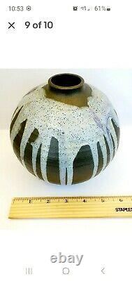Vintage Millie Firak Speckled Drip Glaze Pottery Melon Weed Vase, Signed