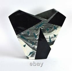 Vintage Modernist 80s Studio Pottery Teal Triangles Signed