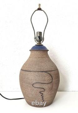 Vintage Modernist Studio Pottery Stoneware Table Lamp Blue Glazed Neck Incised
