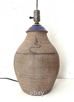 Vintage Modernist Studio Pottery Stoneware Table Lamp Blue Glazed Neck Incised