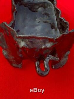 Vintage ONE OF A KIND Raku Studio UNIQUE Pottery AFRICAN ELEPHANT Bowl Dish m9