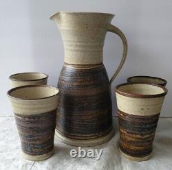 Vintage Old Mill Pottery Studio Art Pottery Jug & Tumblers Drinkware Set Signed