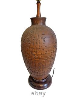 Vintage Organic Textured Brown Studio Pottery Lamp Large Hand Turned Ceramic MCM