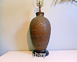 Vintage Organic Textured Brown Studio Pottery Lamp Large Hand Turned Ceramic MCM