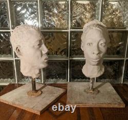 Vintage PAIR Incredible CLAY BUST original works African American studio pottery