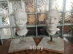 Vintage PAIR Incredible CLAY BUST original works African American studio pottery