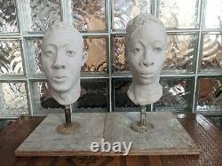 Vintage PAIR Incredible CLAY BUST original works African American studio pottery