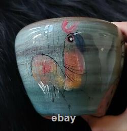 Vintage PILLIN Studio Pottery Vase Bowl 2 Woman, bird & Rooster