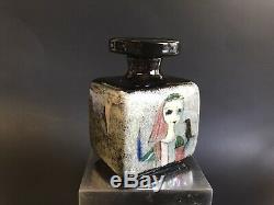 Vintage POLIA PILLIN Studio Pottery STOPPERED SQUARE BOTTLE 4 Paintings BIRDS