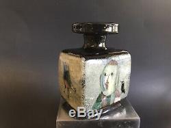 Vintage POLIA PILLIN Studio Pottery STOPPERED SQUARE BOTTLE 4 Paintings BIRDS