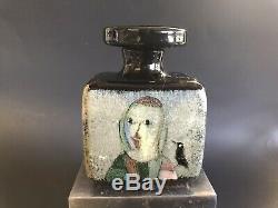 Vintage POLIA PILLIN Studio Pottery STOPPERED SQUARE BOTTLE 4 Paintings BIRDS