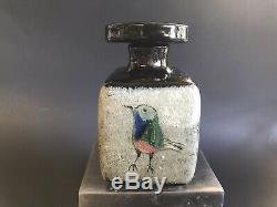 Vintage POLIA PILLIN Studio Pottery STOPPERED SQUARE BOTTLE 4 Paintings BIRDS