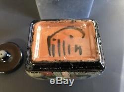 Vintage POLIA PILLIN Studio Pottery STOPPERED SQUARE BOTTLE 4 Paintings BIRDS