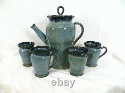 Vintage Paxis Place Studio Pottery Large Handled Coffee Pot And 4 Mugs