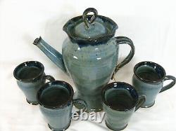 Vintage Paxis Place Studio Pottery Large Handled Coffee Pot And 4 Mugs