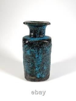 Vintage Pieter Groeneveldt vase 60s Dutch studio pottery blue fat lava brutalist