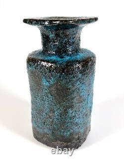 Vintage Pieter Groeneveldt vase 60s Dutch studio pottery blue fat lava brutalist