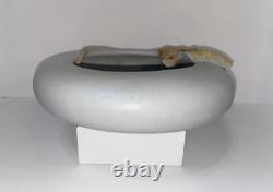 Vintage Pottery Signed Semi-Matte Glaze Bowl with Applied Leaf and Incised Mark